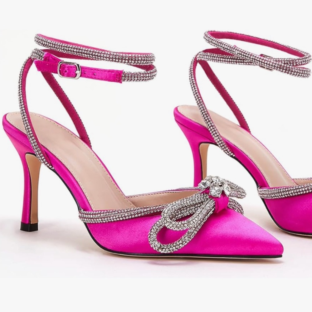 Amazon/unbranded Women's Double Bow Rhinestone Strappy Heels NWT Barbie PINK 36